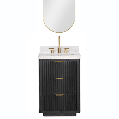 Vinnova, Cádiz 24in. Free-standing Single Bathroom Vanity in Fir Wood Black with Composite top in Lightning White and Mirror