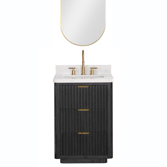 Vinnova, Cádiz 24in. Free-standing Single Bathroom Vanity in Fir Wood Black with Composite top in Lightning White and Mirror