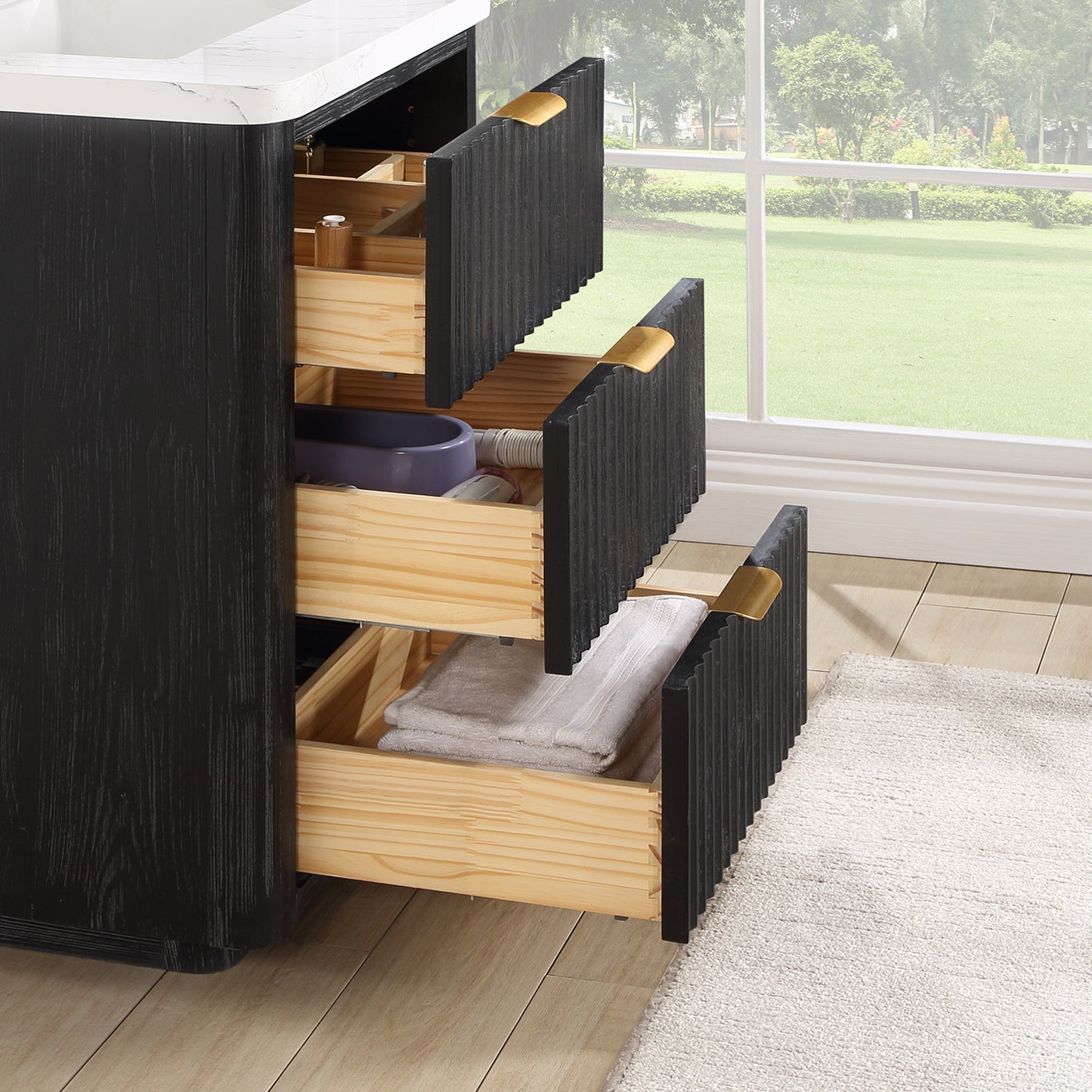 Vinnova, Cádiz 24in. Free-standing Single Bathroom Vanity in Fir Wood Black with Composite top in Lightning White and Mirror