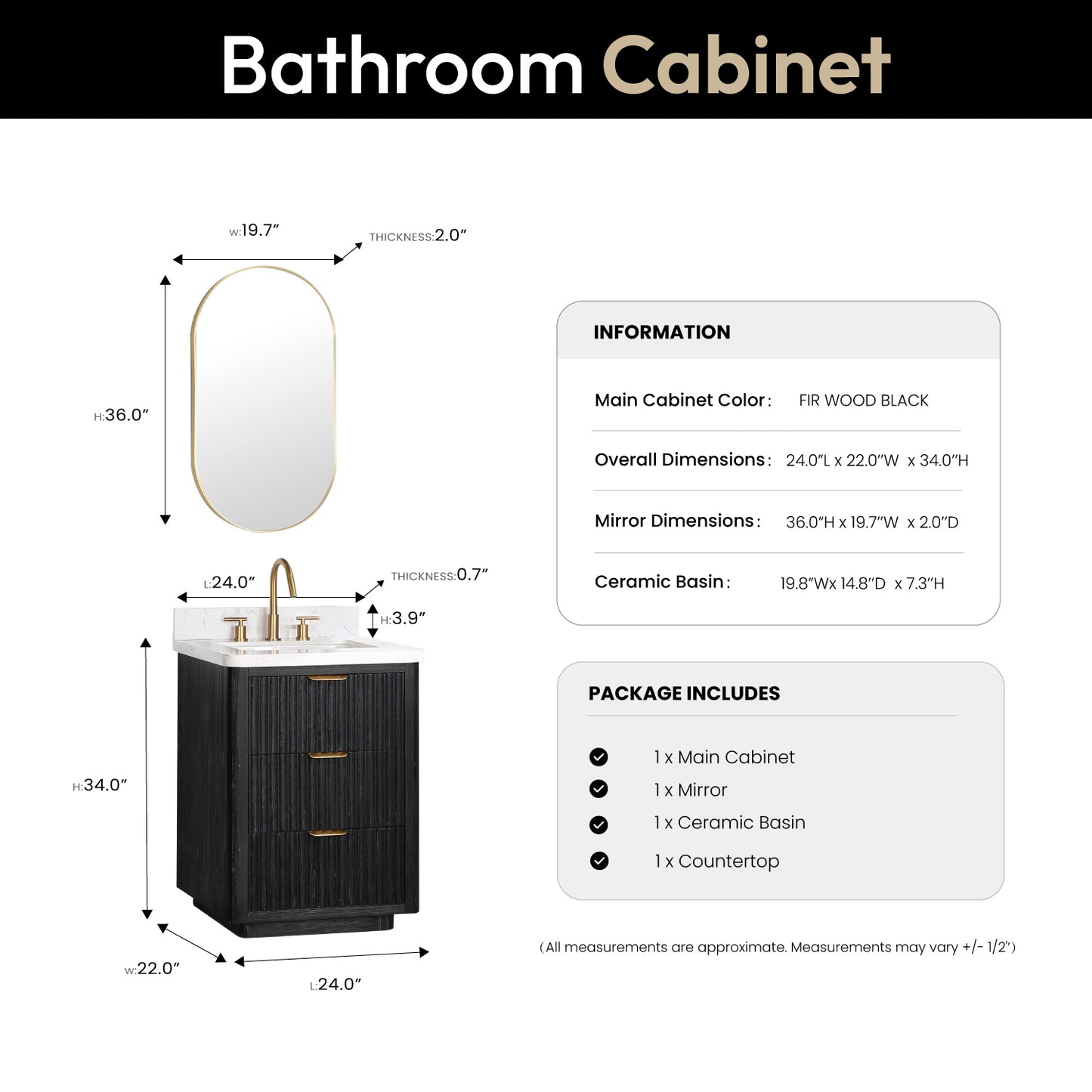 Vinnova, Cádiz 24in. Free-standing Single Bathroom Vanity in Fir Wood Black with Composite top in Lightning White and Mirror
