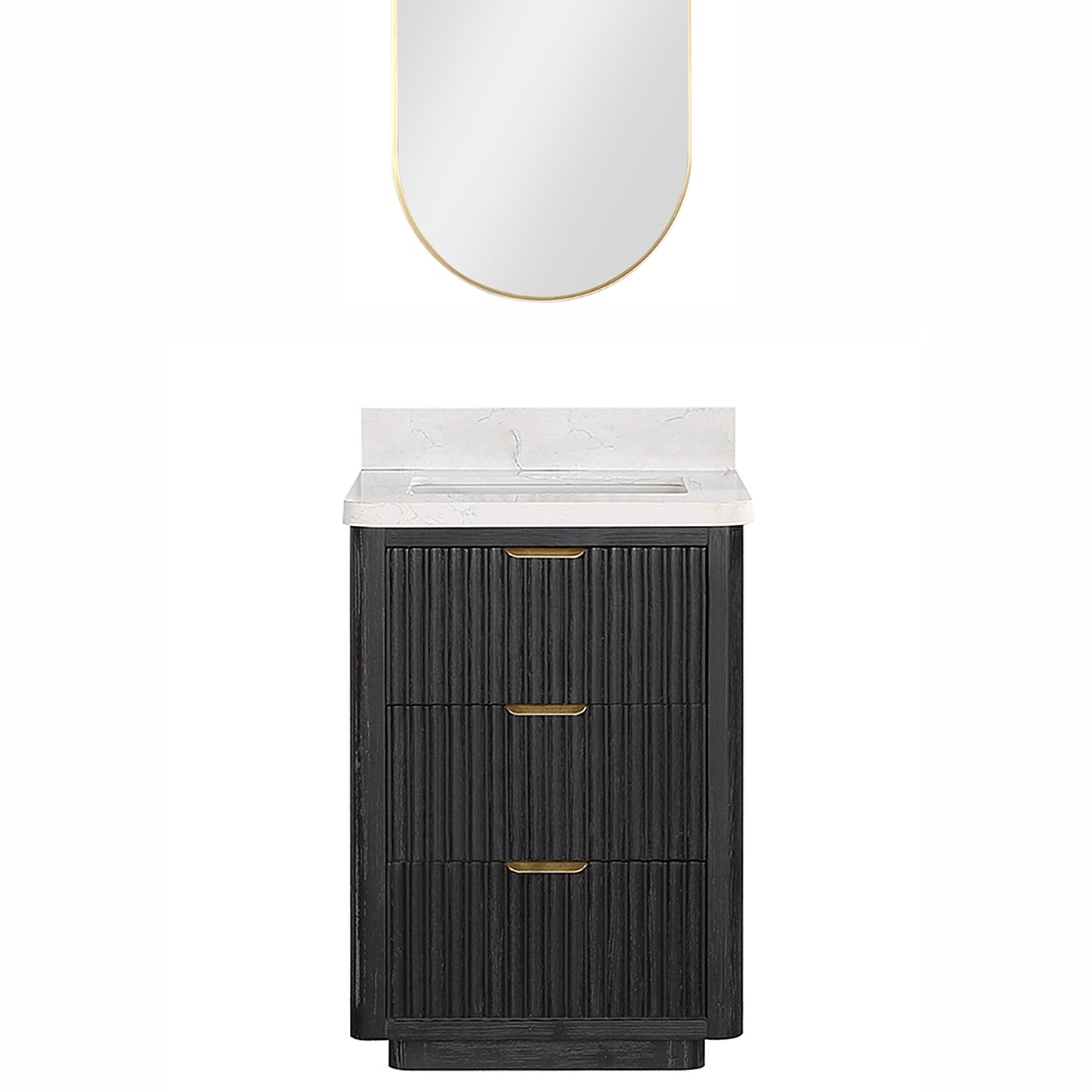 Vinnova, Cádiz 24in. Free-standing Single Bathroom Vanity in Fir Wood Black with Composite top in Lightning White and Mirror