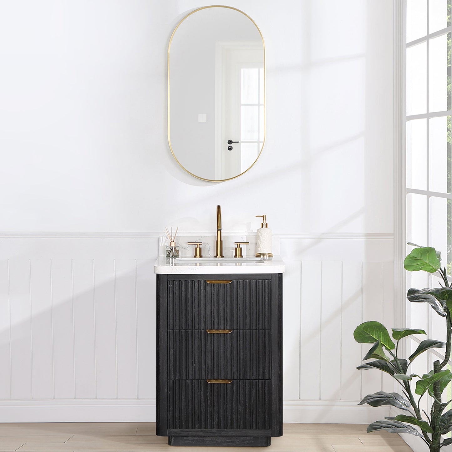 Vinnova, Cádiz 24in. Free-standing Single Bathroom Vanity in Fir Wood Black with Composite top in Lightning White and Mirror