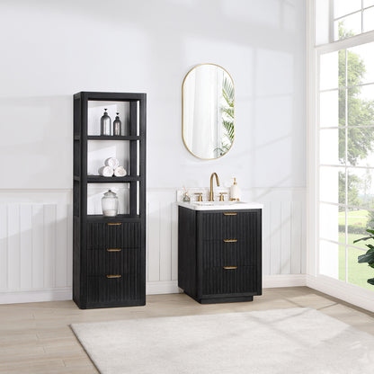 Vinnova, Cádiz 24in. Free-standing Single Bathroom Vanity in Fir Wood Black with Composite top in Lightning White and Mirror