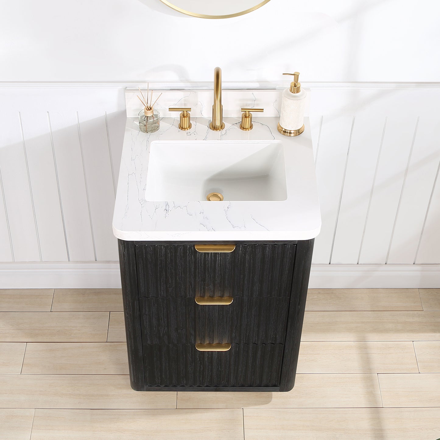 Vinnova, Cádiz 24in. Free-standing Single Bathroom Vanity in Fir Wood Black with Composite top in Lightning White and Mirror