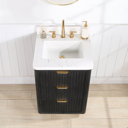 Vinnova, Cádiz 24in. Free-standing Single Bathroom Vanity in Fir Wood Black with Composite top in Lightning White and Mirror