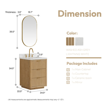 Vinnova, Cádiz 24in. Free-standing Single Bathroom Vanity in Washed Ash Grey with Composite top in Lightning White and Mirror