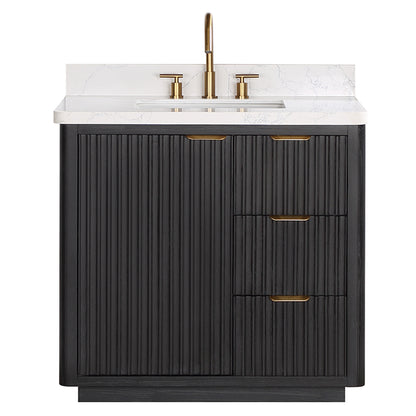 Vinnova, Cádiz 36in. Free-standing Single Bathroom Vanity in Fir Wood Black with Composite top in Lightning White