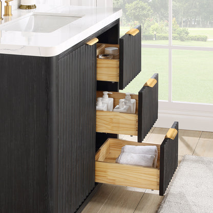 Vinnova, Cádiz 36in. Free-standing Single Bathroom Vanity in Washed Ash Grey with Composite top in Lightning White and Mirror