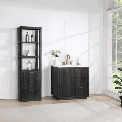 Vinnova, Cádiz 36in. Free-standing Single Bathroom Vanity in Fir Wood Black with Composite top in Lightning White