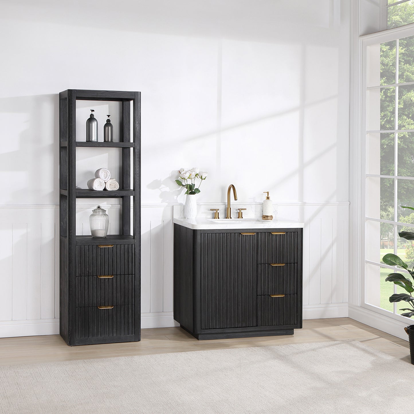 Vinnova, Cádiz 36in. Free-standing Single Bathroom Vanity in Washed Ash Grey with Composite top in Lightning White and Mirror