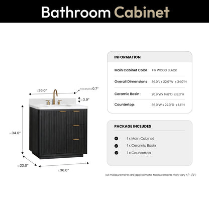 Vinnova, Cádiz 36in. Free-standing Single Bathroom Vanity in Washed Ash Grey with Composite top in Lightning White and Mirror