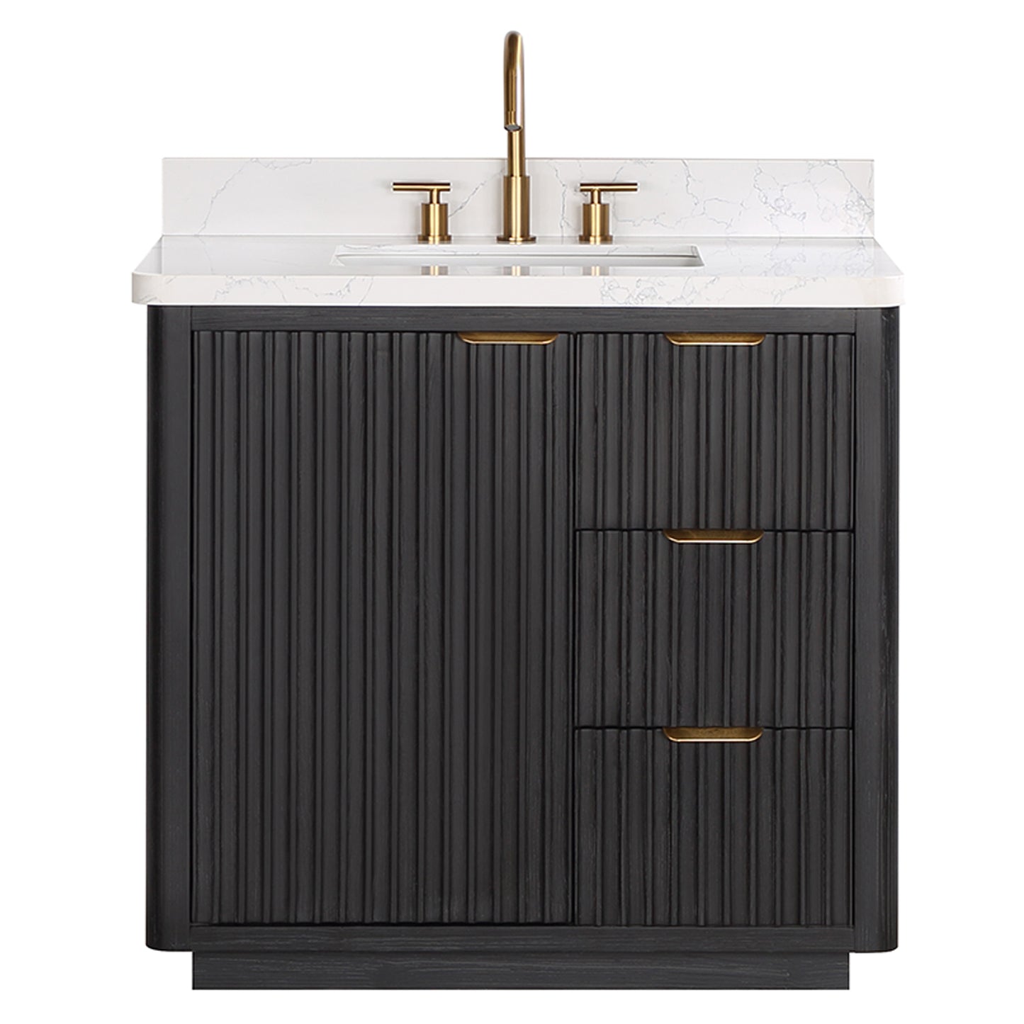 Vinnova, Cádiz 36in. Free-standing Single Bathroom Vanity in Washed Ash Grey with Composite top in Lightning White and Mirror