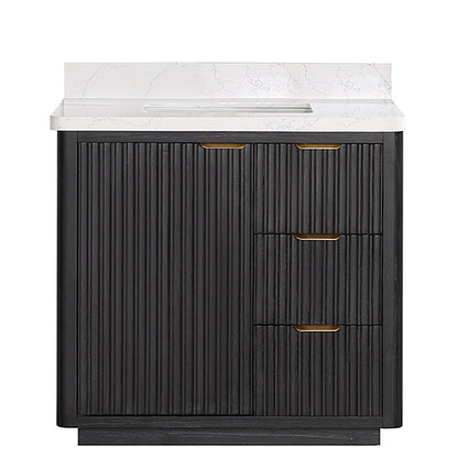 Vinnova, Cádiz 36in. Free-standing Single Bathroom Vanity in Washed Ash Grey with Composite top in Lightning White and Mirror
