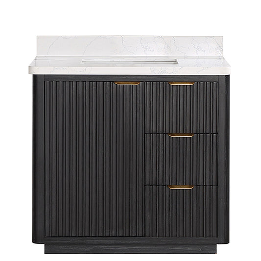 Vinnova, Cádiz 36in. Free-standing Single Bathroom Vanity in Washed Ash Grey with Composite top in Lightning White and Mirror