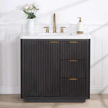 Vinnova, Cádiz 36in. Free-standing Single Bathroom Vanity in Washed Ash Grey with Composite top in Lightning White and Mirror