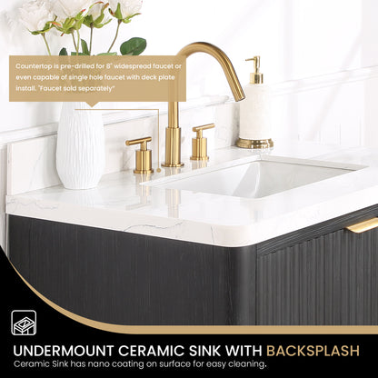 Vinnova, Cádiz 36in. Free-standing Single Bathroom Vanity in Fir Wood Black with Composite top in Lightning White