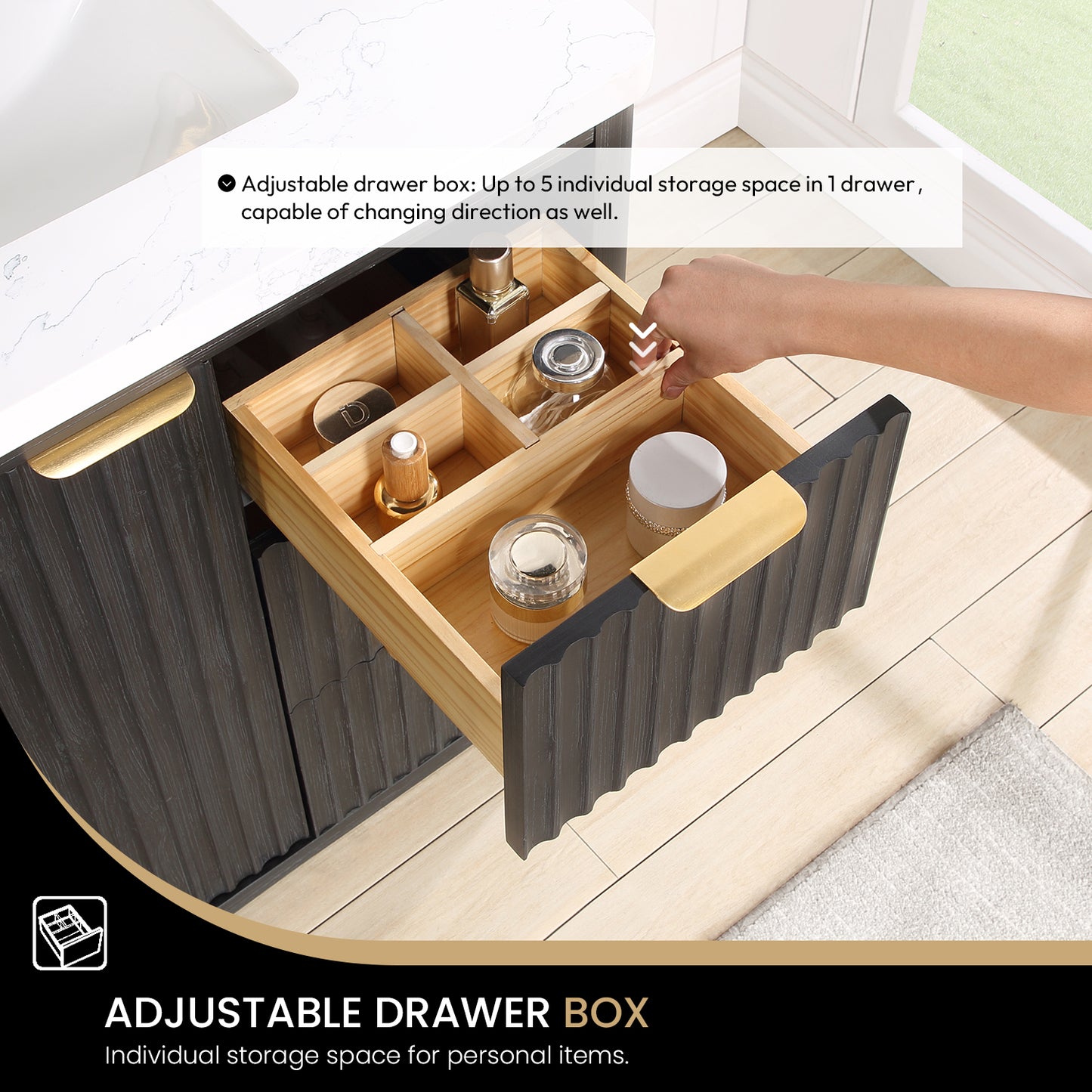 Vinnova, Cádiz 36in. Free-standing Single Bathroom Vanity in Fir Wood Black with Composite top in Lightning White