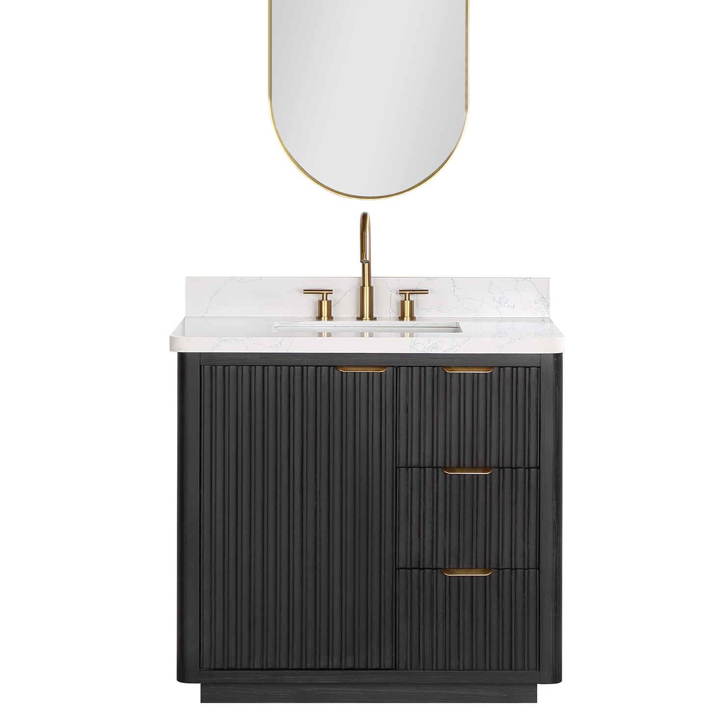 Vinnova, Cádiz 36in. Free-standing Single Bathroom Vanity in Fir Wood Black with Composite top in Lightning White and Mirror