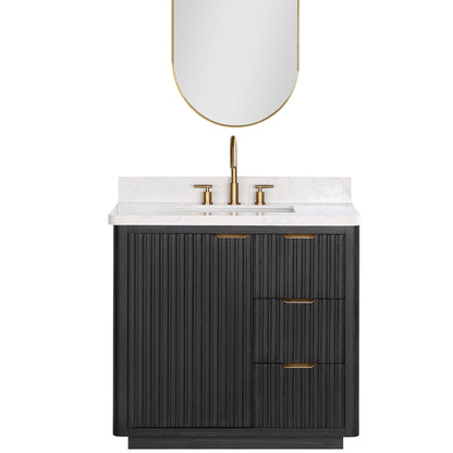 Vinnova, Cádiz 36in. Free-standing Single Bathroom Vanity in Fir Wood Black with Composite top in Lightning White and Mirror