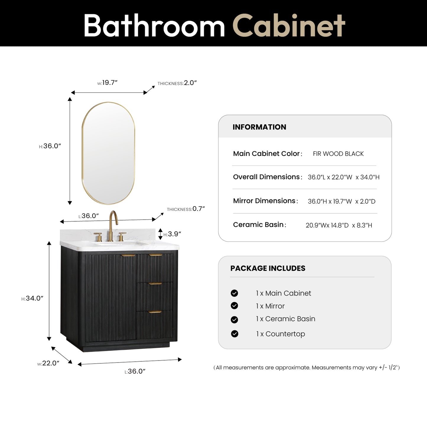 Vinnova, Cádiz 36in. Free-standing Single Bathroom Vanity in Fir Wood Black with Composite top in Lightning White and Mirror