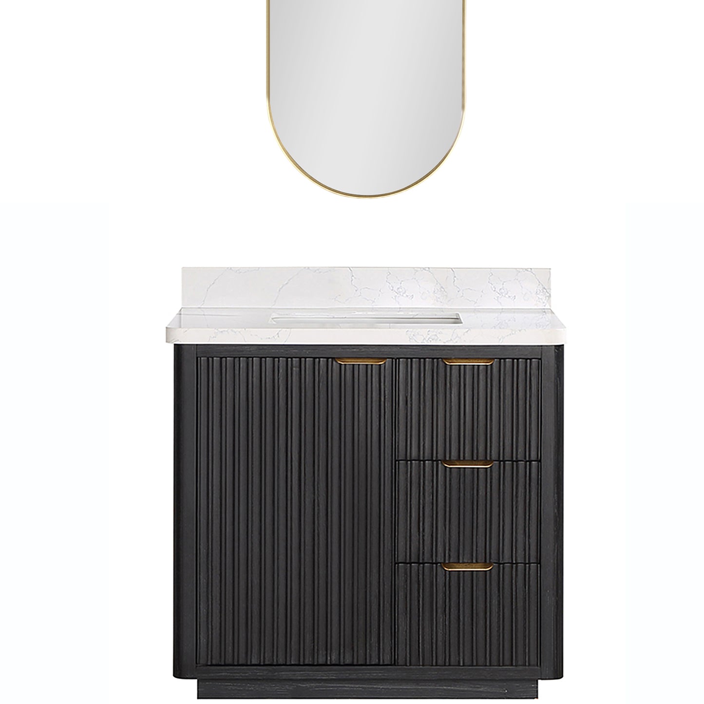Vinnova, Cádiz 36in. Free-standing Single Bathroom Vanity in Fir Wood Black with Composite top in Lightning White and Mirror