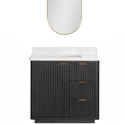 Vinnova, Cádiz 36in. Free-standing Single Bathroom Vanity in Fir Wood Black with Composite top in Lightning White and Mirror