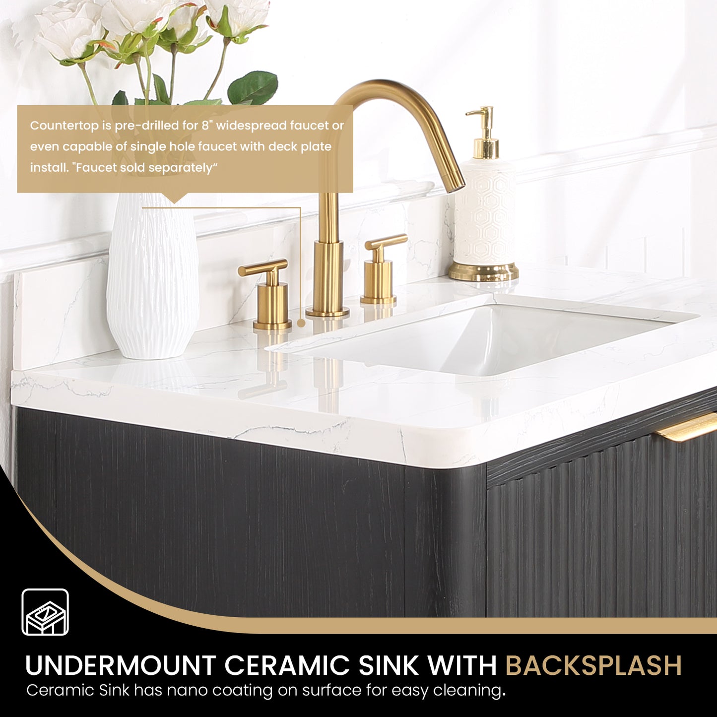 Vinnova, Cádiz 36in. Free-standing Single Bathroom Vanity in Fir Wood Black with Composite top in Lightning White and Mirror