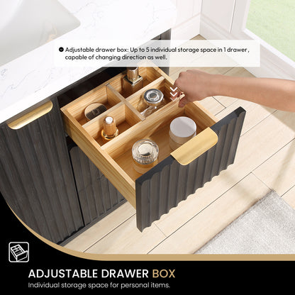 Vinnova, Cádiz 36in. Free-standing Single Bathroom Vanity in Fir Wood Black with Composite top in Lightning White and Mirror