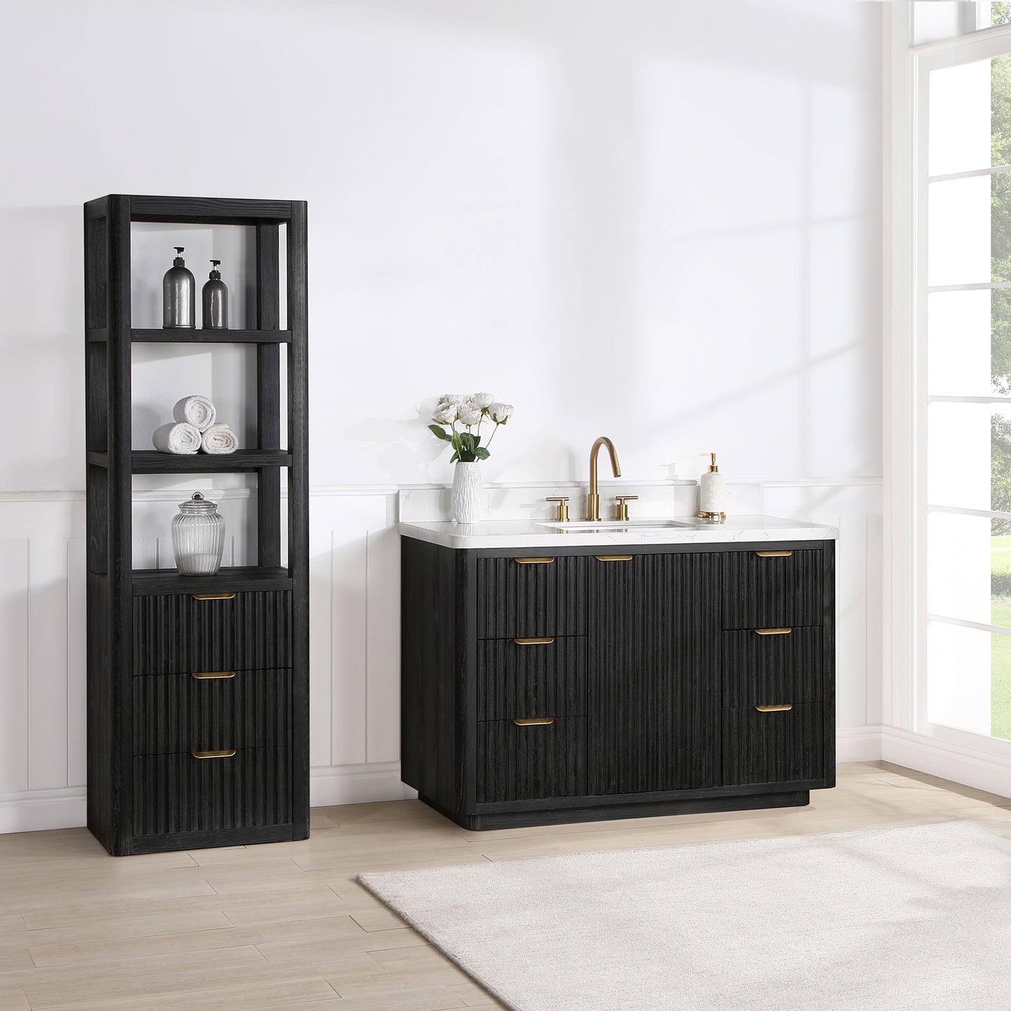 Vinnova, Cádiz 48in. Free-standing Single Bathroom Vanity in Fir Wood Black with Composite top in Lightning White