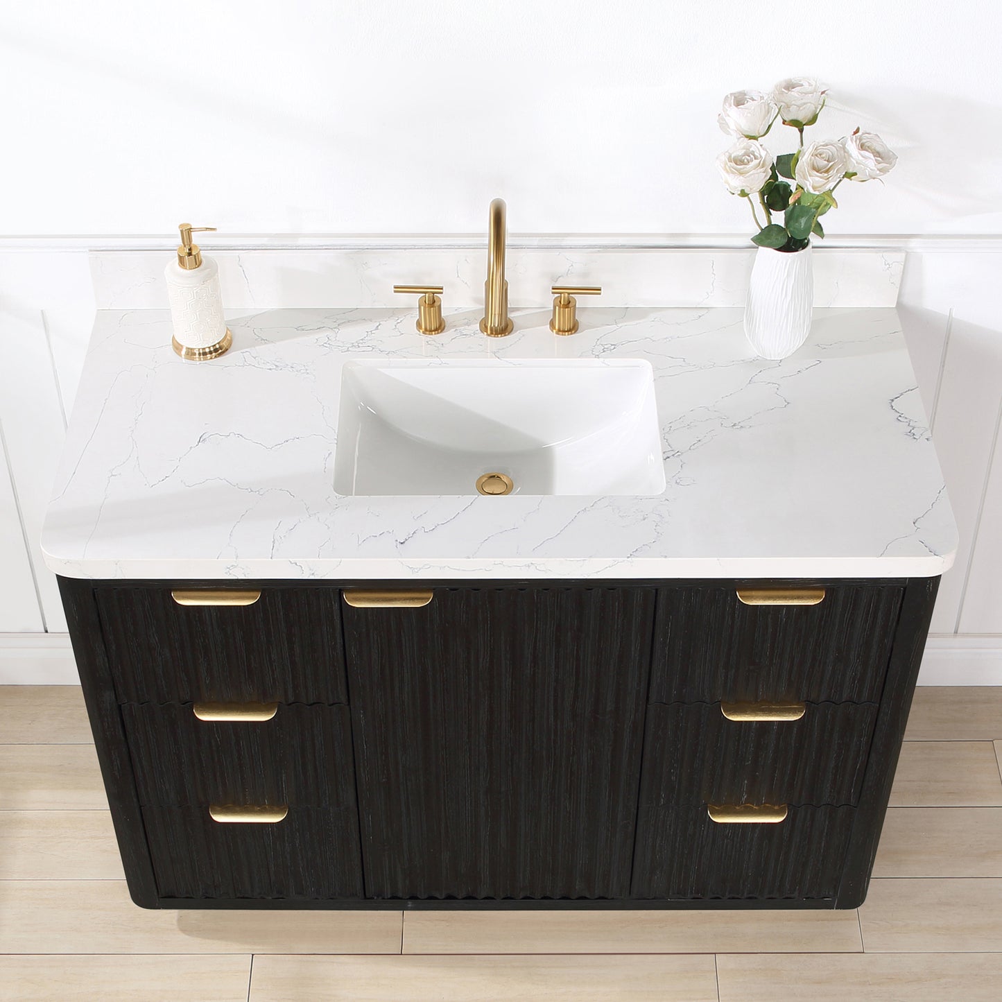 Vinnova, Cádiz 48in. Free-standing Single Bathroom Vanity in Fir Wood Black with Composite top in Lightning White