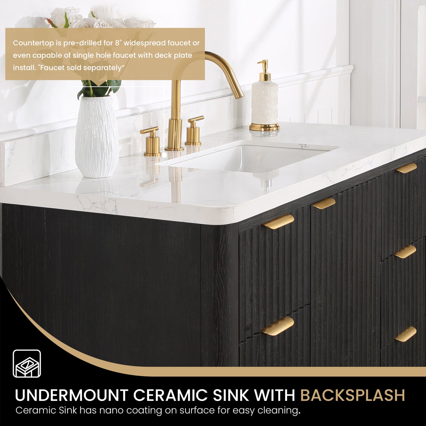 Vinnova, Cádiz 48in. Free-standing Single Bathroom Vanity in Fir Wood Black with Composite top in Lightning White
