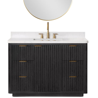 Vinnova, Cádiz 48in. Free-standing Single Bathroom Vanity in Fir Wood Black with Composite top in Lightning White and Mirror