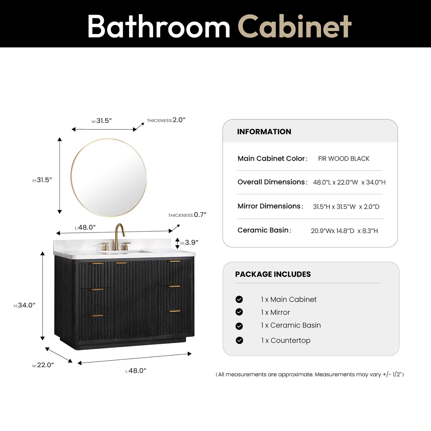 Vinnova, Cádiz 48in. Free-standing Single Bathroom Vanity in Fir Wood Black with Composite top in Lightning White and Mirror
