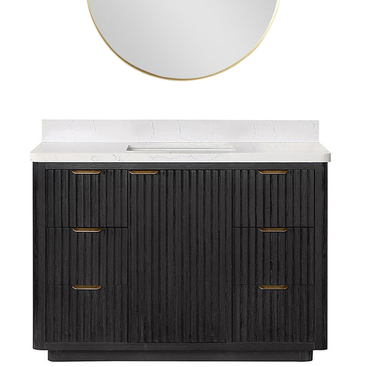 Vinnova, Cádiz 48in. Free-standing Single Bathroom Vanity in Fir Wood Black with Composite top in Lightning White and Mirror