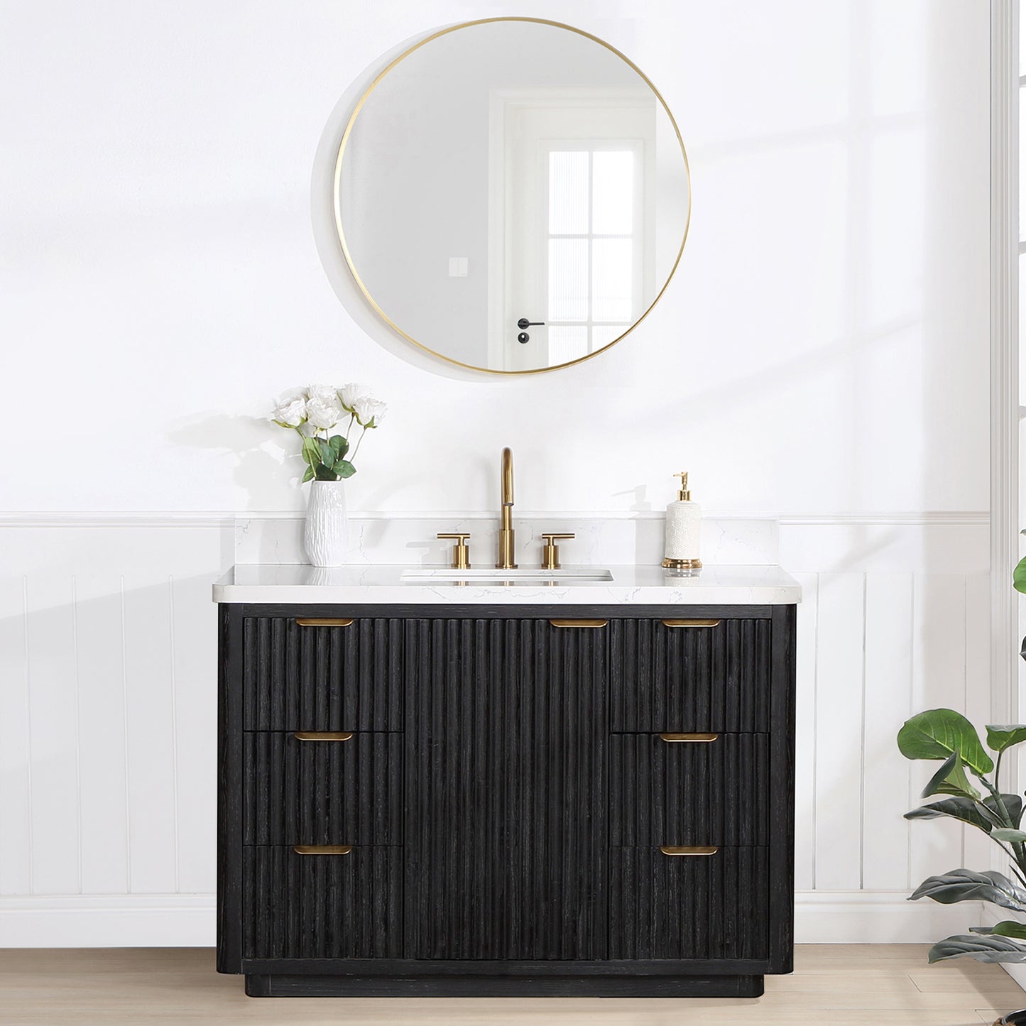 Vinnova, Cádiz 48in. Free-standing Single Bathroom Vanity in Fir Wood Black with Composite top in Lightning White and Mirror