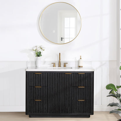 Vinnova, Cádiz 48in. Free-standing Single Bathroom Vanity in Fir Wood Black with Composite top in Lightning White and Mirror
