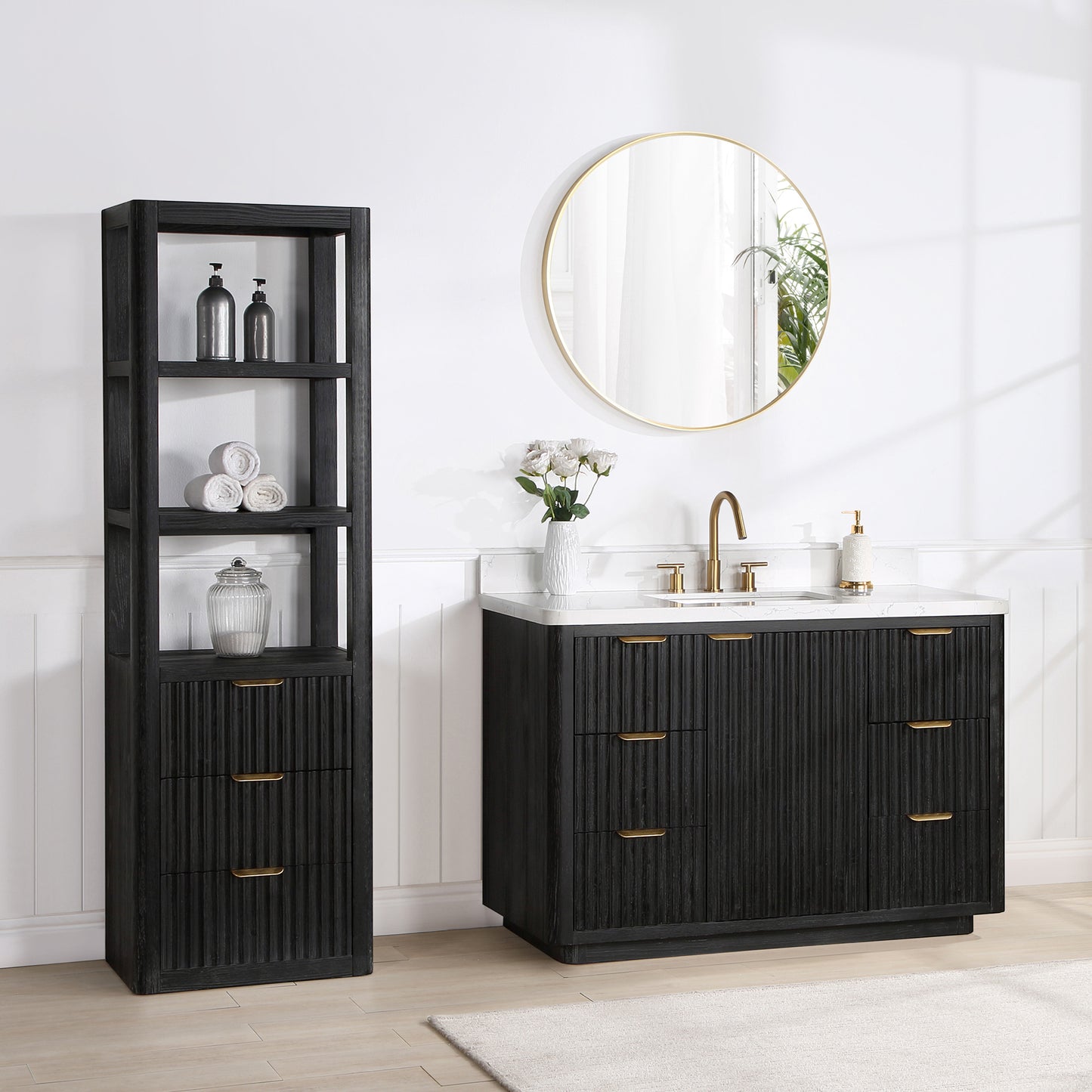 Vinnova, Cádiz 48in. Free-standing Single Bathroom Vanity in Fir Wood Black with Composite top in Lightning White and Mirror