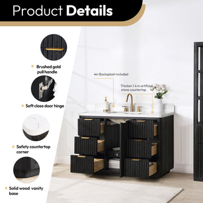 Vinnova, Cádiz 48in. Free-standing Single Bathroom Vanity in Fir Wood Black with Composite top in Lightning White and Mirror