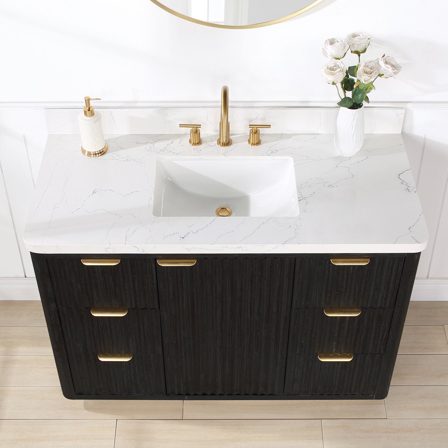 Vinnova, Cádiz 48in. Free-standing Single Bathroom Vanity in Fir Wood Black with Composite top in Lightning White and Mirror