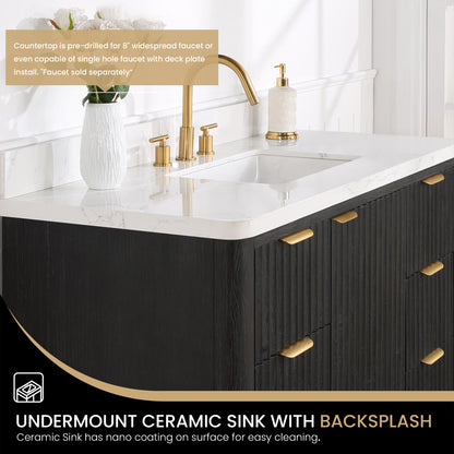 Vinnova, Cádiz 48in. Free-standing Single Bathroom Vanity in Fir Wood Black with Composite top in Lightning White and Mirror