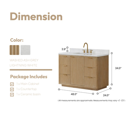 Vinnova, Cádiz 48in. Free-standing Single Bathroom Vanity in Washed Ash Grey with Composite top in Lightning White