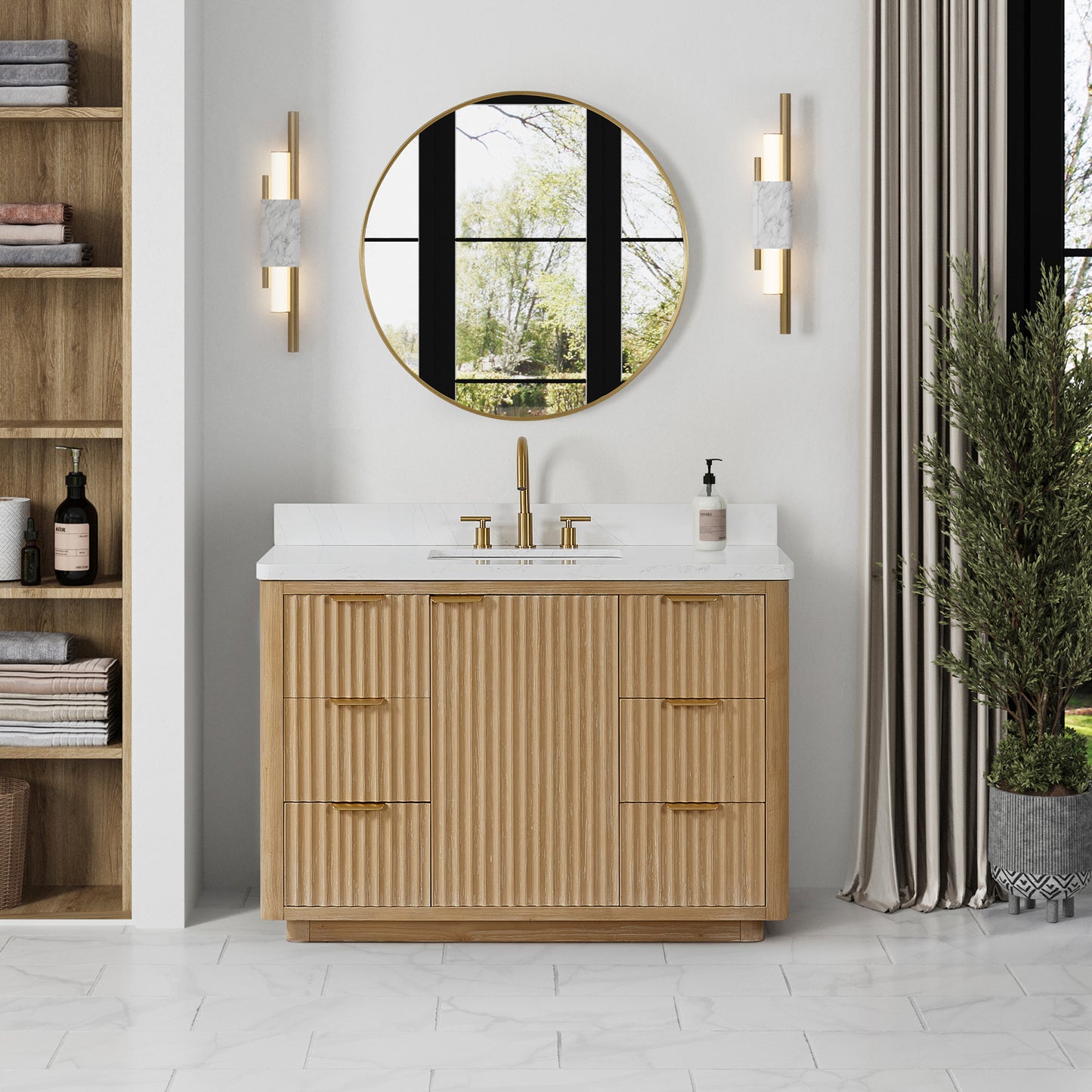 Vinnova, Cádiz 48in. Free-standing Single Bathroom Vanity in Washed Ash Grey with Composite top in Lightning White and Mirror