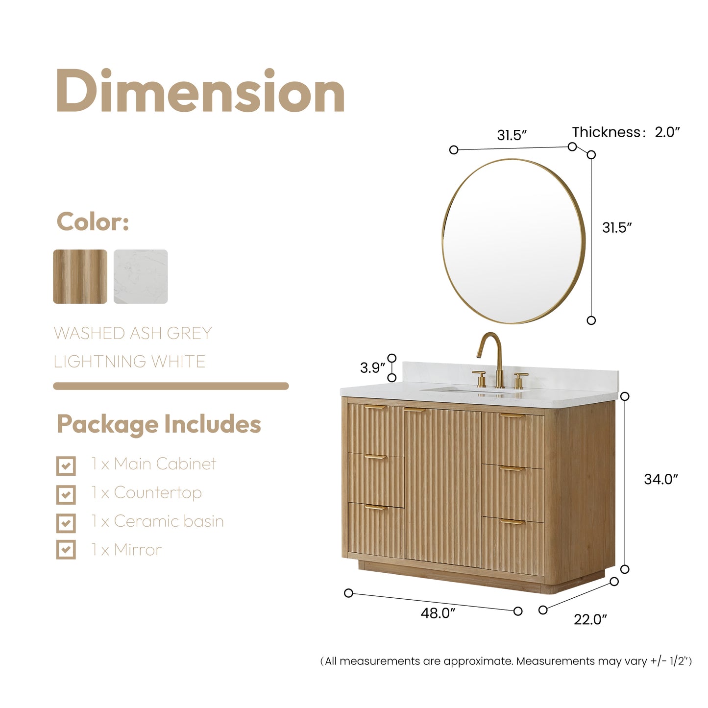 Vinnova, Cádiz 48in. Free-standing Single Bathroom Vanity in Washed Ash Grey with Composite top in Lightning White and Mirror