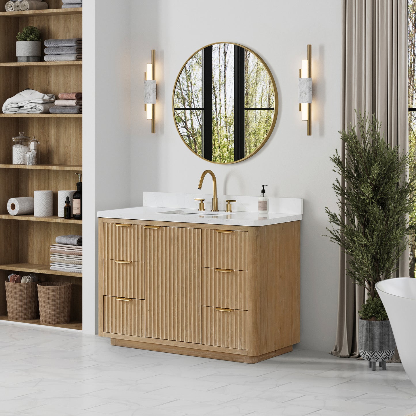 Vinnova, Cádiz 48in. Free-standing Single Bathroom Vanity in Washed Ash Grey with Composite top in Lightning White and Mirror