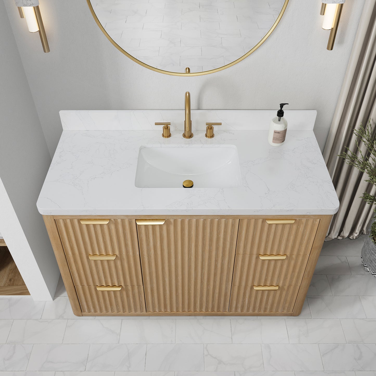Vinnova, Cádiz 48in. Free-standing Single Bathroom Vanity in Washed Ash Grey with Composite top in Lightning White and Mirror