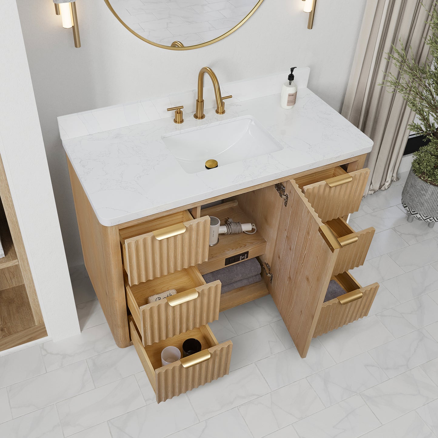 Vinnova, Cádiz 48in. Free-standing Single Bathroom Vanity in Washed Ash Grey with Composite top in Lightning White and Mirror