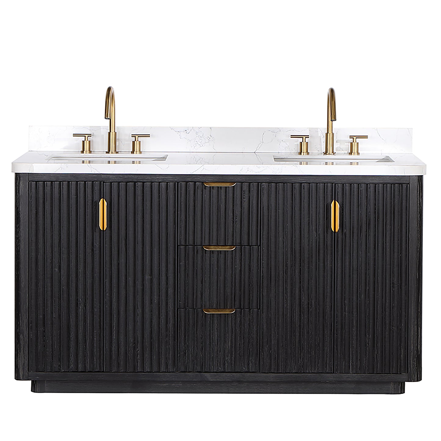 Vinnova, Cádiz 60in. Free-standing Double Bathroom Vanity in Fir Wood Black with Composite top in Lightning White