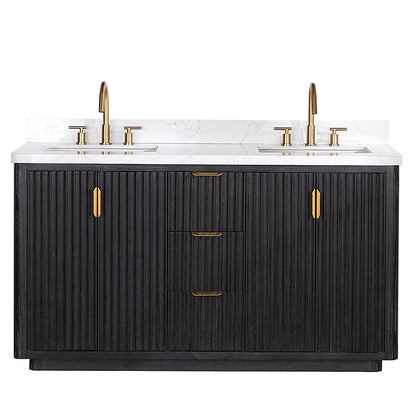 Vinnova, Cádiz 60in. Free-standing Double Bathroom Vanity in Fir Wood Black with Composite top in Lightning White