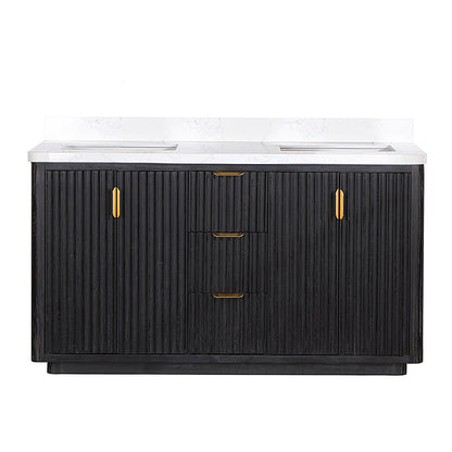 Vinnova, Cádiz 60in. Free-standing Double Bathroom Vanity in Fir Wood Black with Composite top in Lightning White