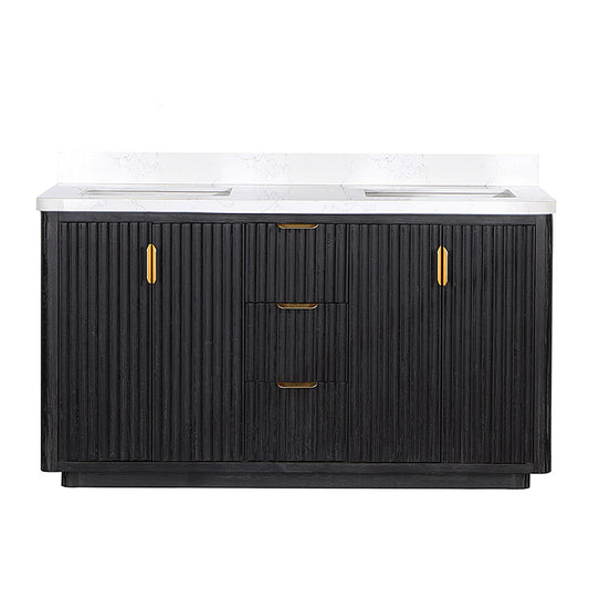 Vinnova, Cádiz 60in. Free-standing Double Bathroom Vanity in Fir Wood Black with Composite top in Lightning White